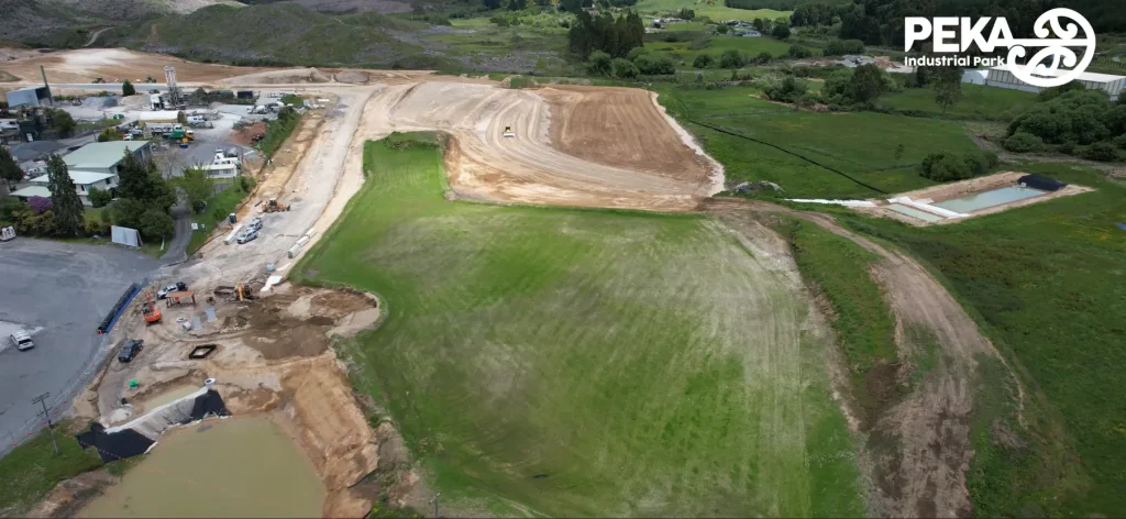 A drone flyover view of the construction progress at Peka Industrial Park